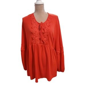 Susan Betro Mango Pink Crochet Lace Neck Tie Tunic Top Long Sleeve Women 2x